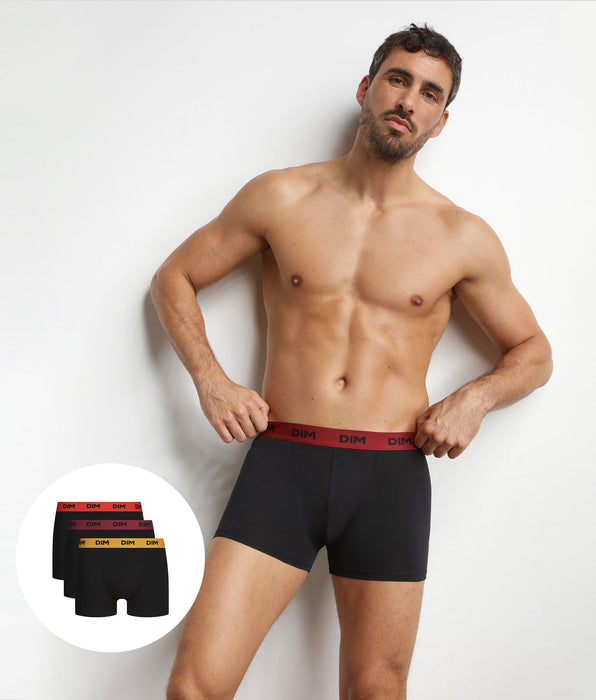 DIM Lot de 3 boxers homme noir ceinture colorée Flamme Mix & Colors