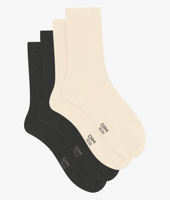 DIM Lot de 2 paires de mi-chaussettes femme en coton Ivoire Dim