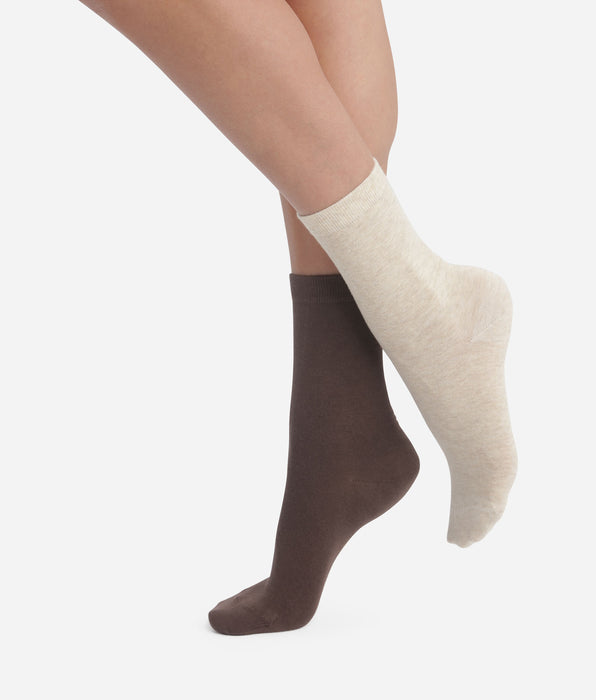 DIM Lot de 2 paires de chaussettes femme Marron Beige Dim Coton