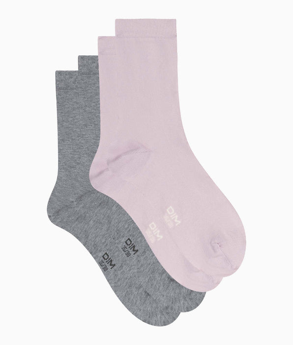 DIM Lot de 2 paires de chaussettes femme Rose Gris Dim Coton
