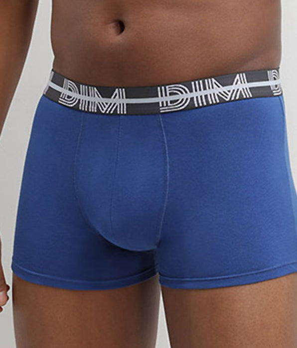 DIM Set van 3 blauw-zwarte Cotton Stretch boxershorts met gekleurde tailleband DIM Powerful
