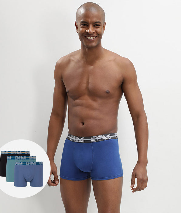 DIM Lot de 3 boxers bleu noir coton stretch ceinture colorée Dim Powerful