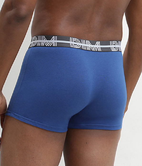 DIM Set van 3 blauw-zwarte Cotton Stretch boxershorts met gekleurde tailleband DIM Powerful