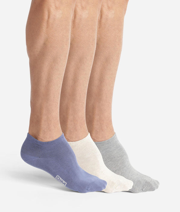 DIM Lot de 3 paires de socquettes homme Bleu Gris Beige Dim Coton