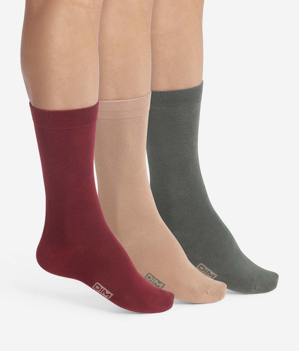 DIM Lot de 3 paires de chaussettes homme en coton Rouge Kaki Dim