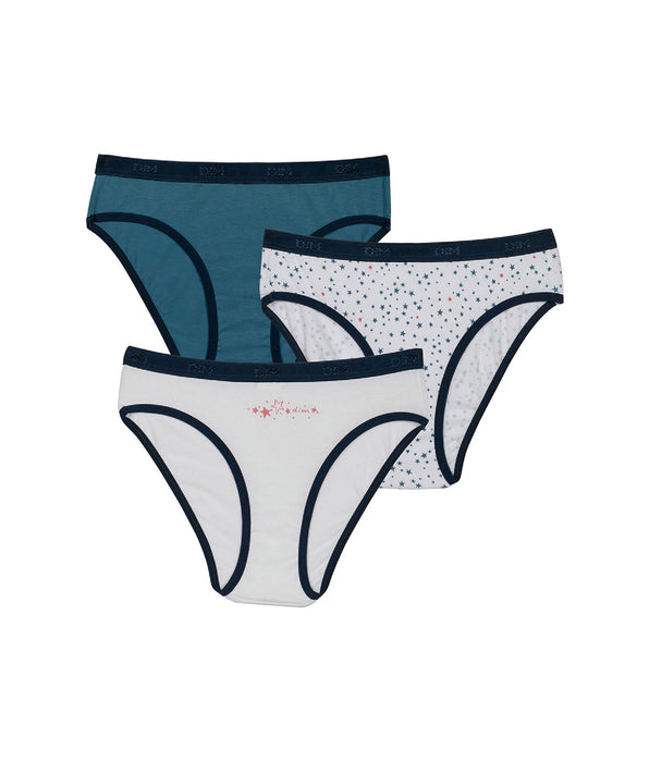 DIM Lot de 3 slips fille en coton stretch à étoiles Blanc Bleu Les Pockets