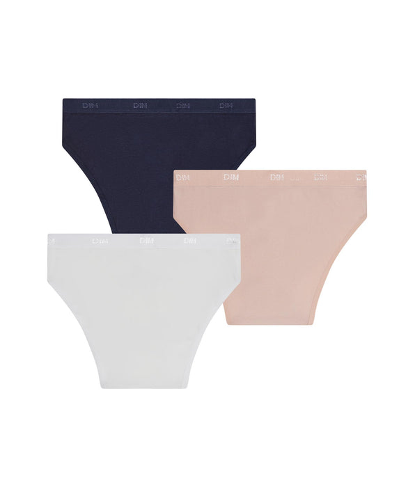 DIM Lot de 3 slips fille en coton stretch Rose Bleu Blanc Les Pockets