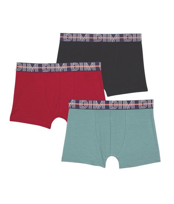 DIM Set van 3 katoenen boxershorts met stretch voor jongens Rood Blauw Groen EcoDim Classic