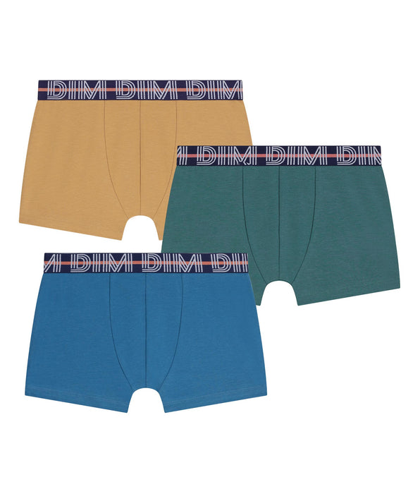 DIM Lot de 3 boxers garçon Bleu Vert Jaune Coton Stretch Kids