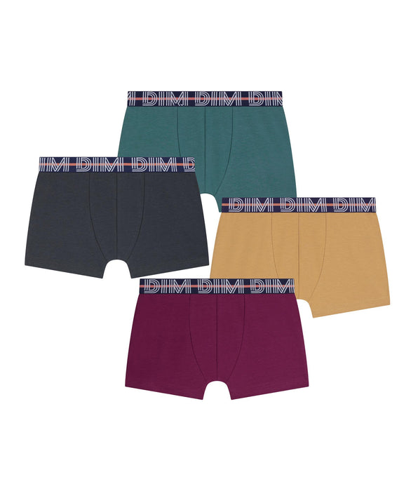 DIM Lot de 4 boxers garçon Bordeaux Jaune Ebene Vert Coton Stretch Kids
