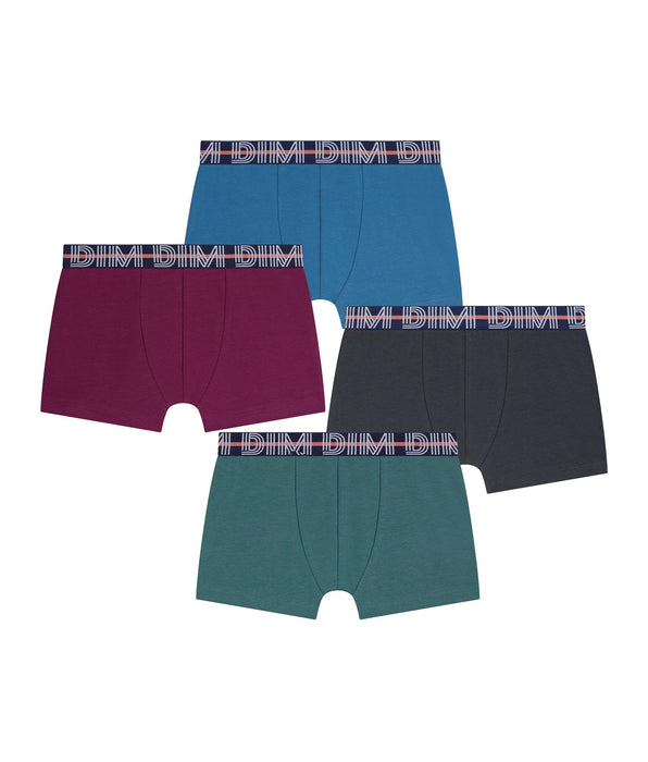 DIM Lot de 4 boxers garçon Vert Ebene Bordeaux Bleu Coton Stretch Kids