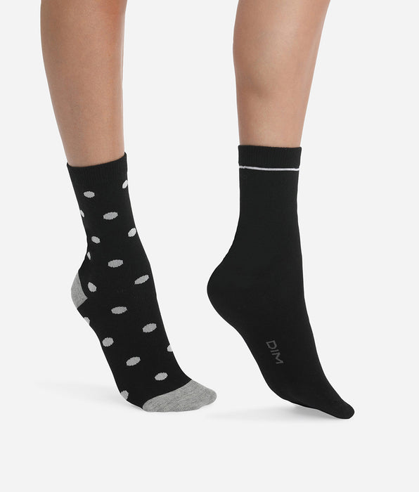 DIM Set van 2 paar zwarte dames kousen met grote stippen DIM Coton Style