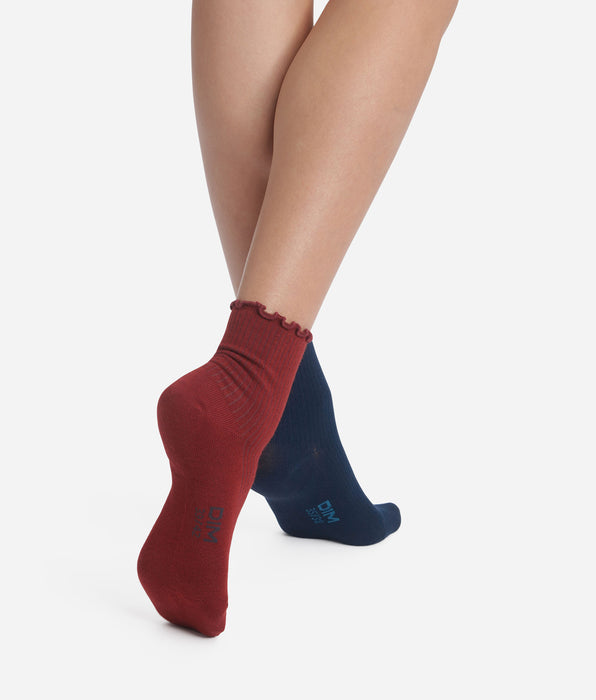DIM Lot de 2 paires de chaussettes femme à volants Bleu Bordeaux Dim Modal