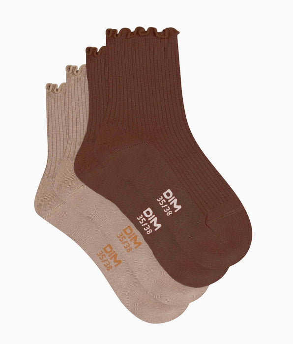 DIM Lot de 2 paires de chaussettes femme à volants Taupe Café Dim Modal