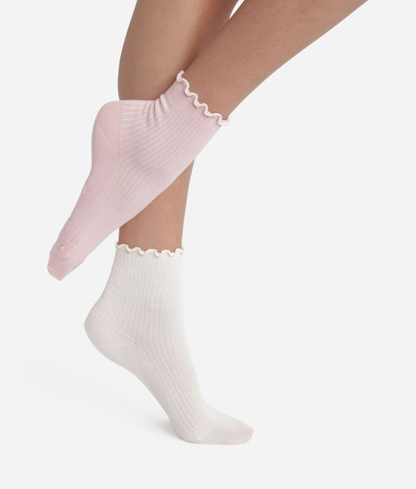 DIM Lot de 2 paires de chaussettes femme à volants Rose Ivoire Dim Modal