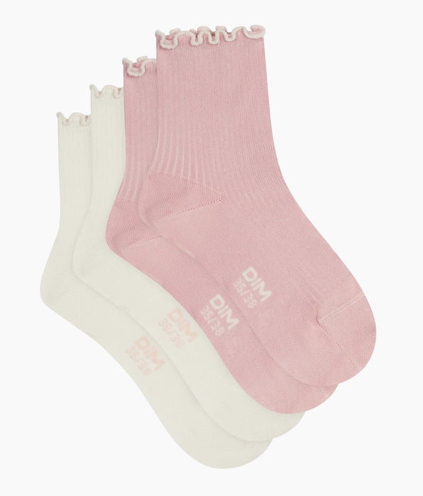 DIM Lot de 2 paires de chaussettes femme à volants Rose Ivoire Dim Modal