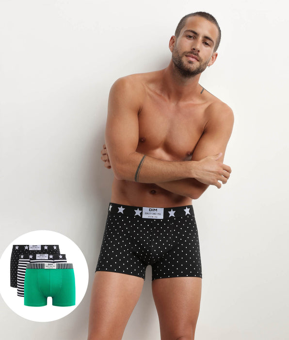 DIM Lot de 3 boxers homme coton stretch à imprimés pois rayures Dim Vibes