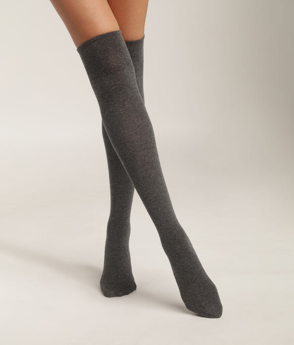 DIM Chaussettes maxi hautes pour femme en coton Anthracite Chiné Dim