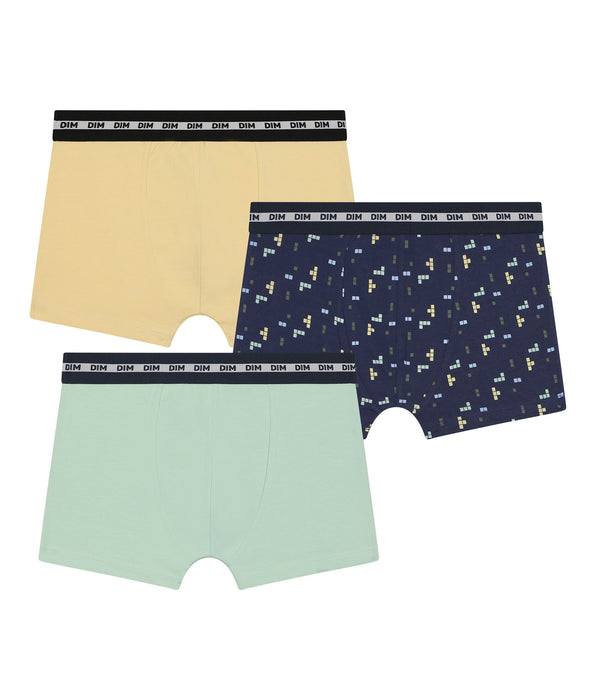 DIM Set van 3 Blauwe Gele Cotton Stretch Fashion Pixel Boxershorts voor Jongens