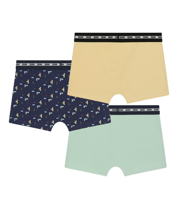 DIM Set van 3 Blauwe Gele Cotton Stretch Fashion Pixel Boxershorts voor Jongens