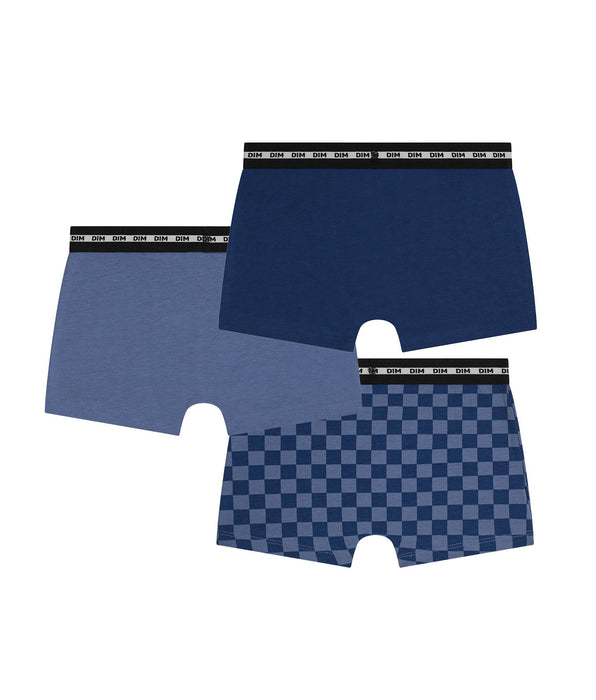 DIM Lot de 3 boxers enfant Damier Bleu Dim Coton Stretch
