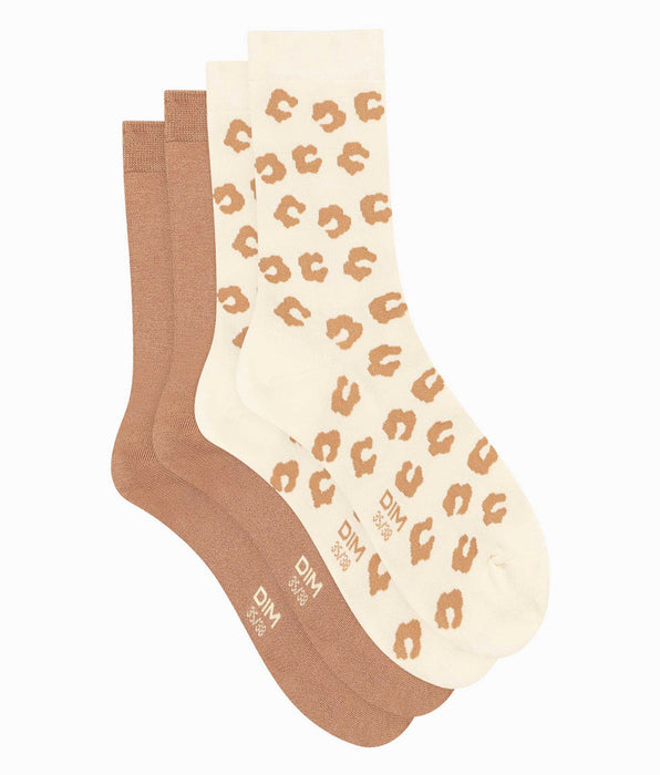 DIM Lot de 2 paires de chaussettes femme à fleurs Crème Dim Bambou