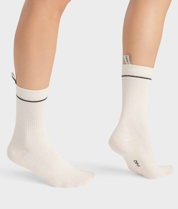 DIM Chaussettes unisexes en coton modal côtelé Crème Dim Icons