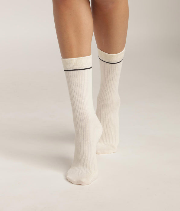 DIM Chaussettes unisexe en coton côtelé Crème avec ligne noire Dim Icons