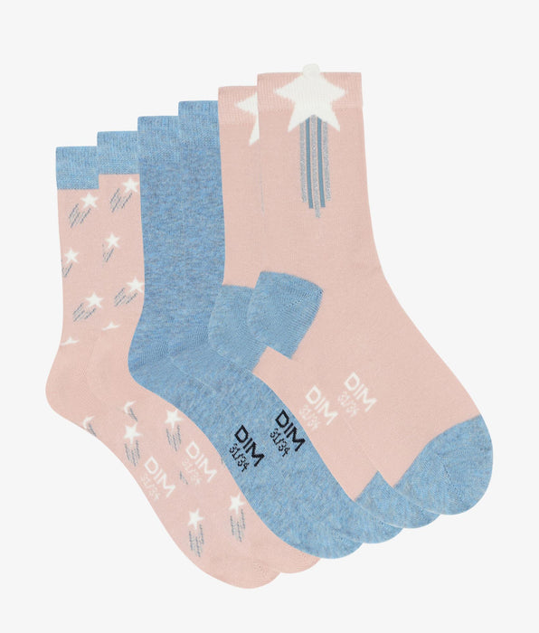 DIM Set van 3 paar Denim Roze Cotton Style Star Socks voor kinderen