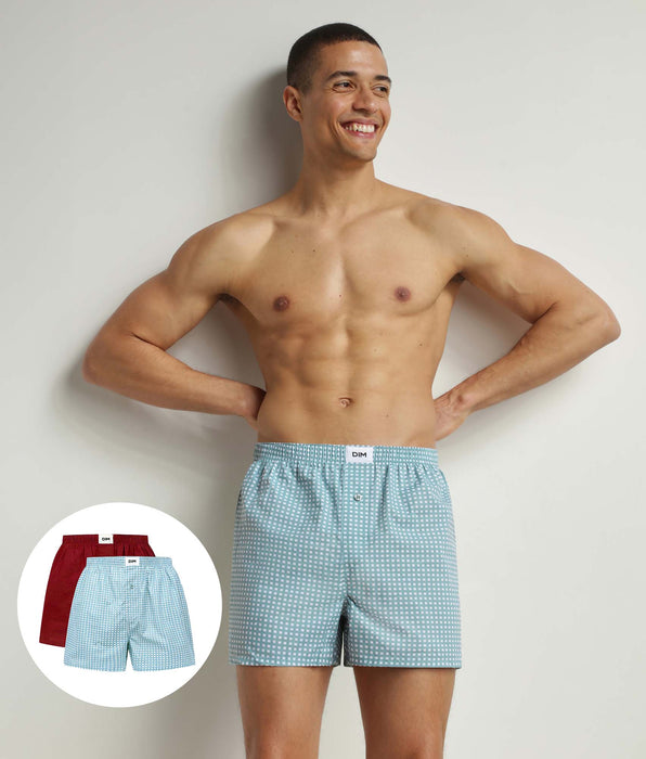 DIM Set van 2 rood-groene biokatoenen losse boxershorts met Vichy-patroon DIM Good