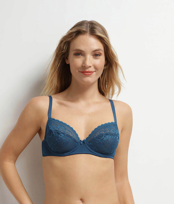 DIM Blauwe bloemenkant en visnet push-up bh van Dim Féminine