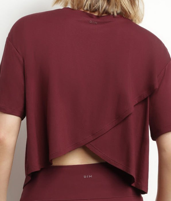 DIM Dames sport T-shirt in bordeaux viscose met open rug DIM Move