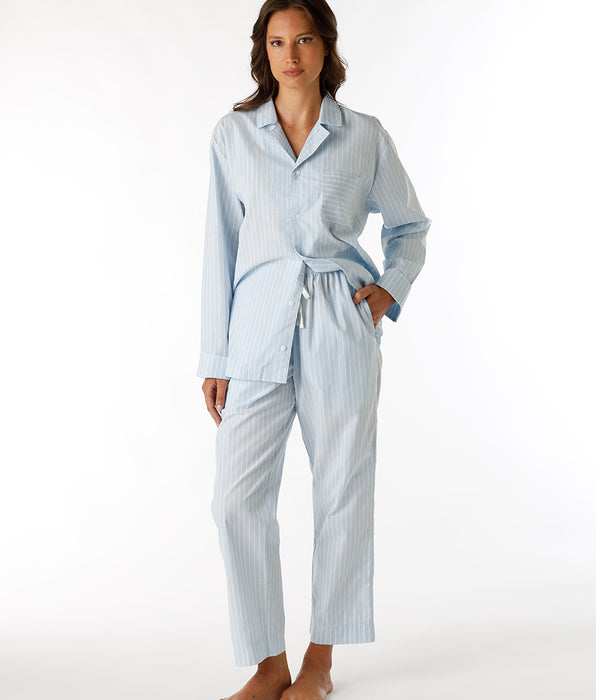 DIM Uniseks lange open pyjama's van blauw katoenen canvas met strepen