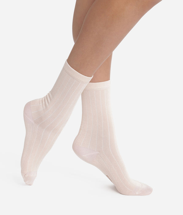 DIM Chaussettes femme côtelées en coton satiné Ivoire Dim Mode