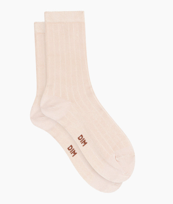DIM Chaussettes femme côtelées en coton satiné Ivoire Dim Mode
