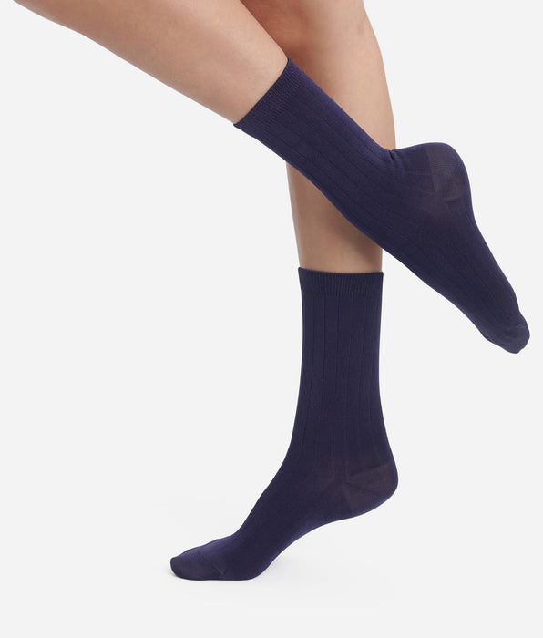 DIM Chaussettes femme côtelées en coton satiné Bleu Dim Mode