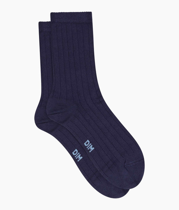 DIM Chaussettes femme côtelées en coton satiné Bleu Dim Mode