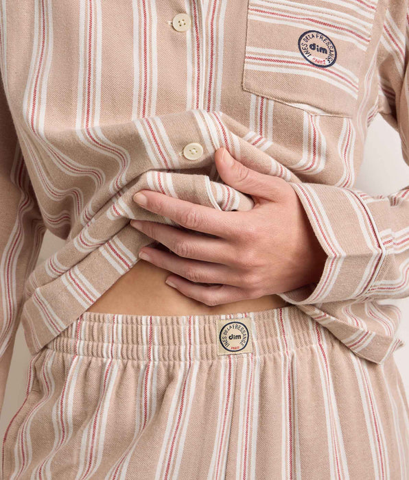DIM Bruin-beige gestreepte flanellen pyjama voor dames van DIM x Ines de la Fressange          

