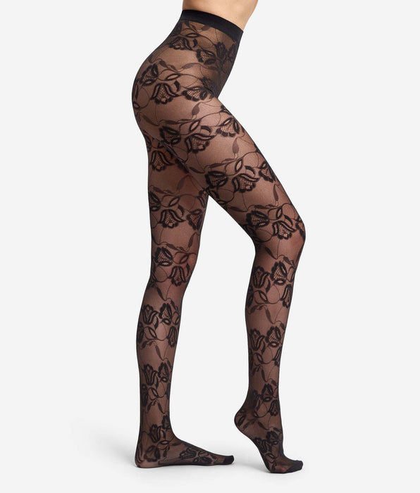 DIM Collant fantaisie motif floral Tulipe velours noir Style