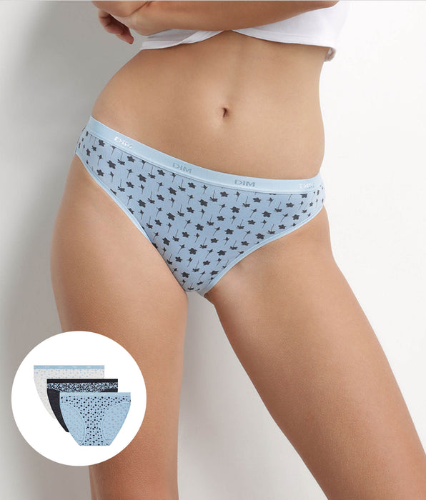 DIM Lot de 3 slips femme en coton stretch Bleu imprimé fleur Les Pockets