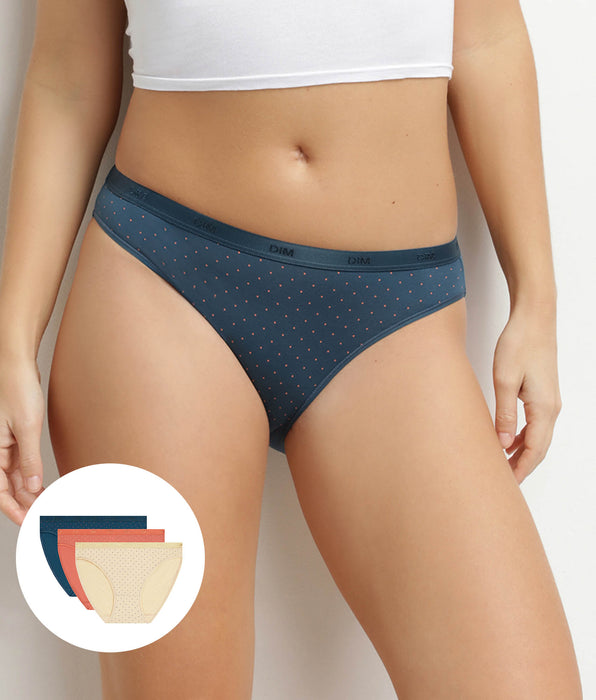 DIM Set van 3 damesslips van stretchkatoen met stippen Dim Les Pockets