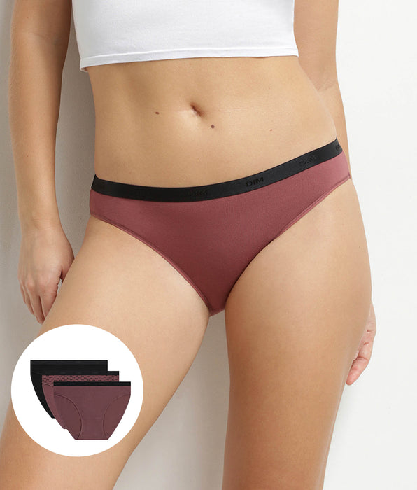 DIM Set van 3 damesslips van stretchkatoen in Black Plum Les Pockets