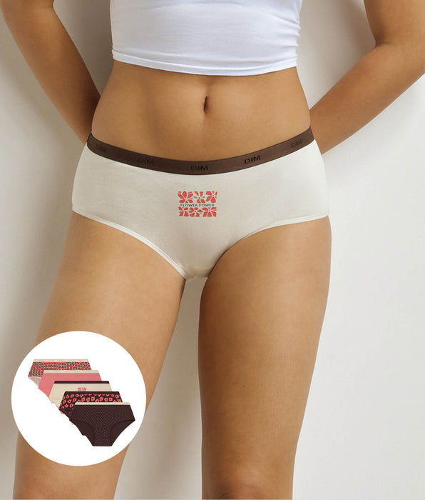 DIM Lot de 5 boxers femme motifs rétro Rose Marron Les Pockets