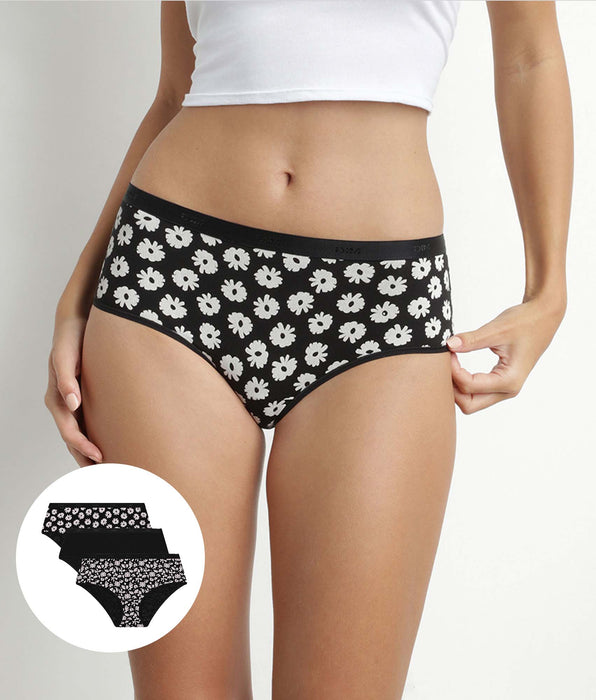 DIM Lot de 3 shorties femme coton stretch Noir Beige à fleurs Les Pockets