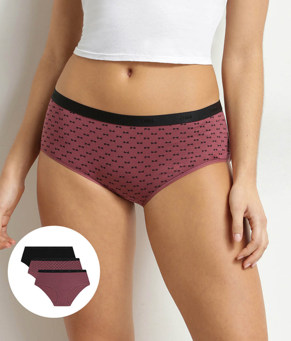 DIM Les Pockets Black Plum stretch katoenen boxerset van 3 voor dames