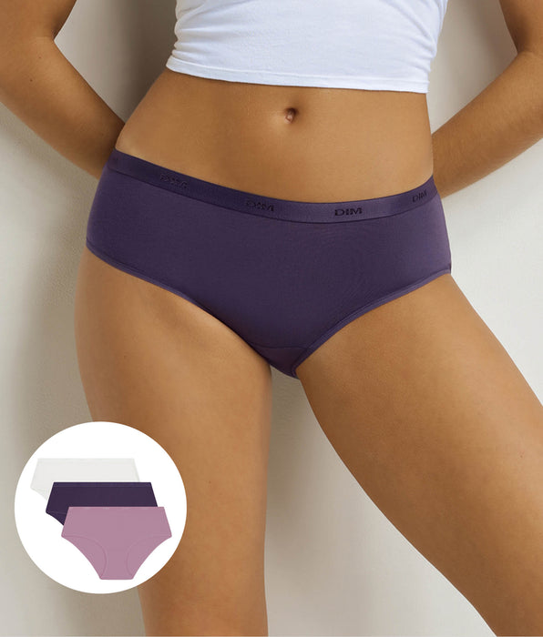 DIM Set van 3 damesboxershorts paars, wit Les Pockets Ecodim