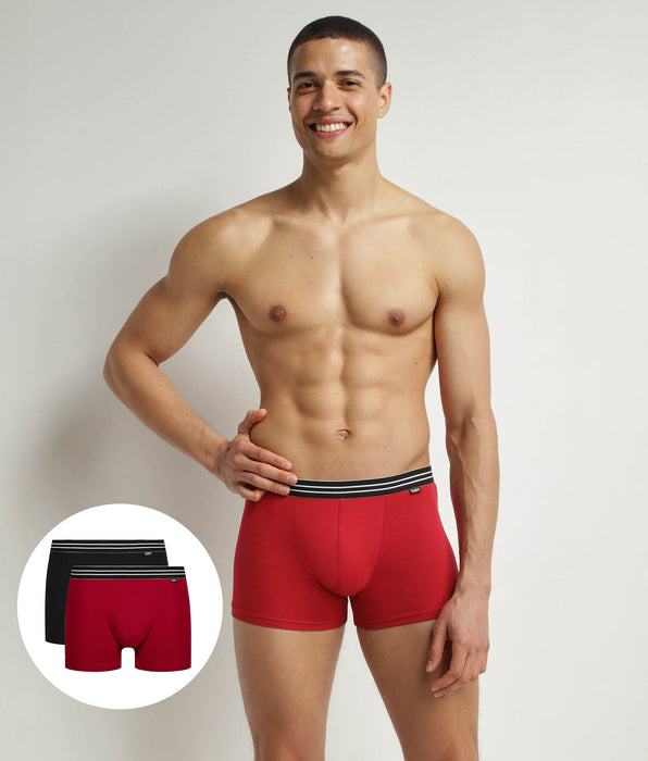 DIM Set van 2 katoenen boxershorts met stretch Carmine Rood Zwart EcoDim
