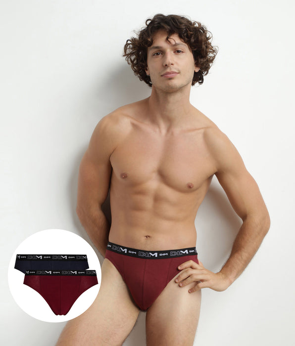 DIM Lot de 2 slips homme Bleu Rouge ceinture contrastée Dim Coton Stretch