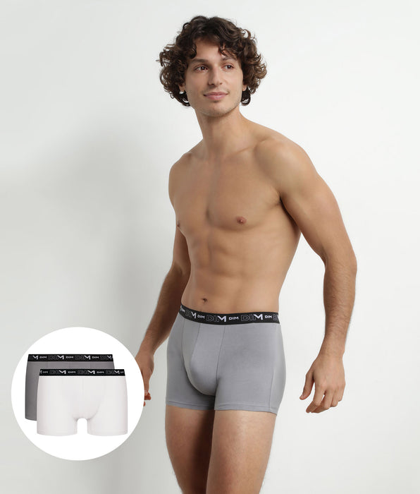 DIM Lot de 2 Boxers homme Blanc Gris ceinture contrastée Dim Coton Stretch
