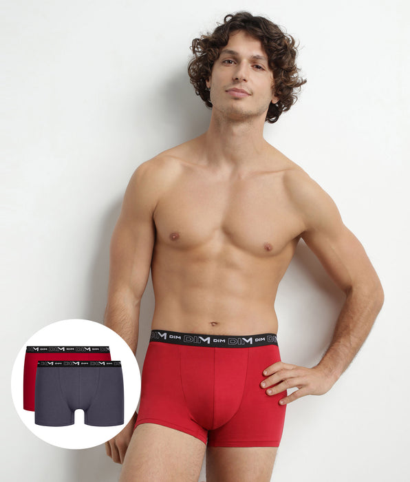 DIM Lot de 2 Boxers homme Gris Rouge ceinture contrastée Dim Coton Stretch